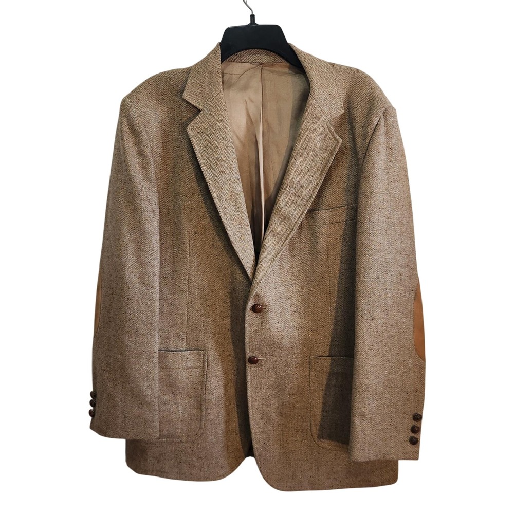 Mens Tweed Blazer Sport Coat Elbow Patches Brown Tan Herringbone 44R Vintage 80s